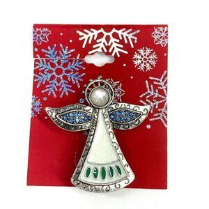Christmas Angel Cloisonne & Faux Pearl Holiday Pin Silver Tone Blue & Green NWOT